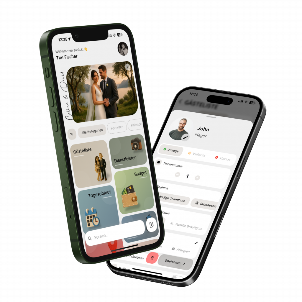 WeddingWise App -Hochzeitsplaner App Startseite mit Gästeliste, Budgetplanung und Tagesablauf