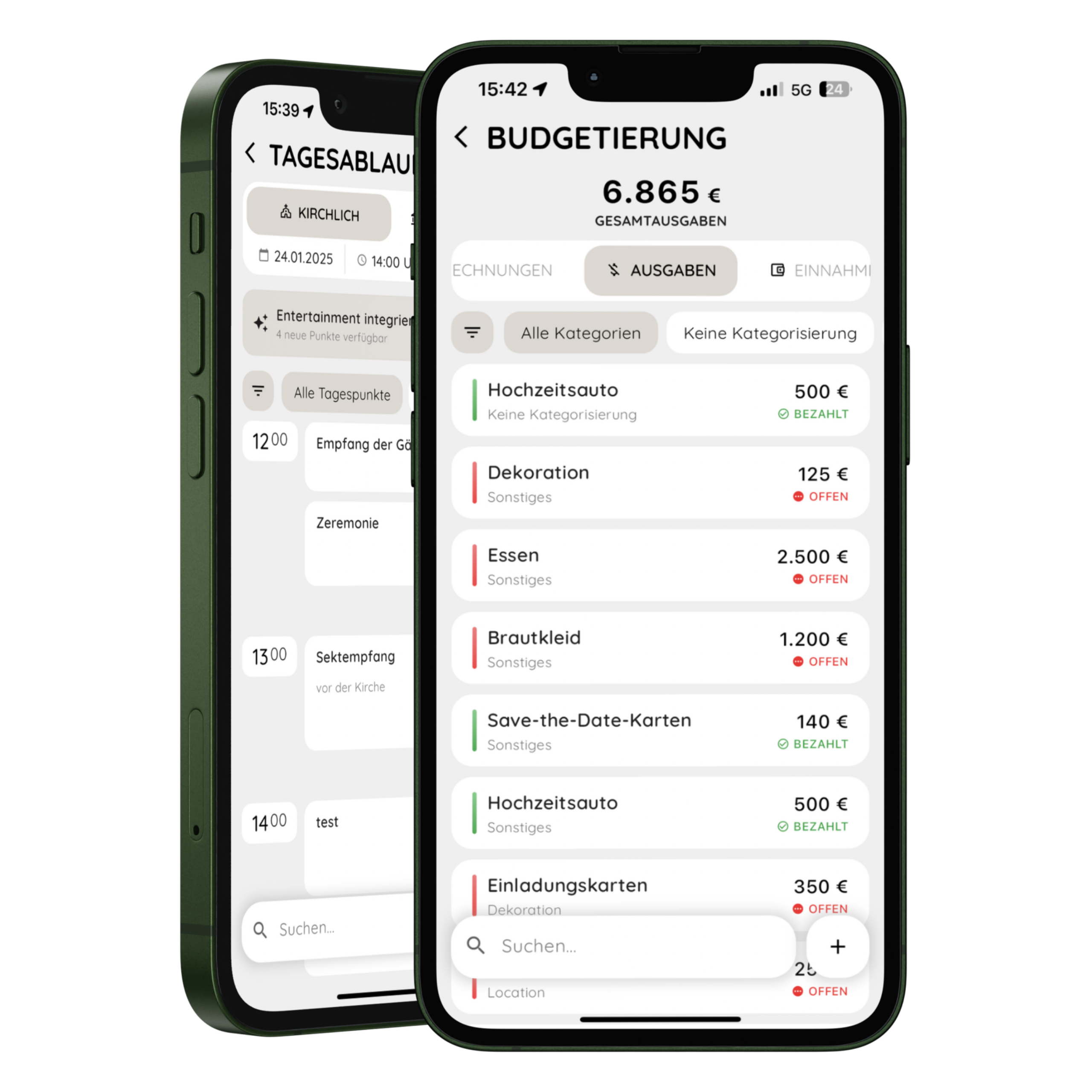 WeddingWise Hochzeitsplaner App – Budgetübersicht und Tagesablauf für die Hochzeit